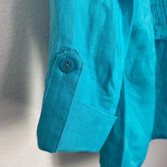 JM • Stunning Turquoise 100% Linen Sequence Pleated Buttoned Top - Picture 9 of 13